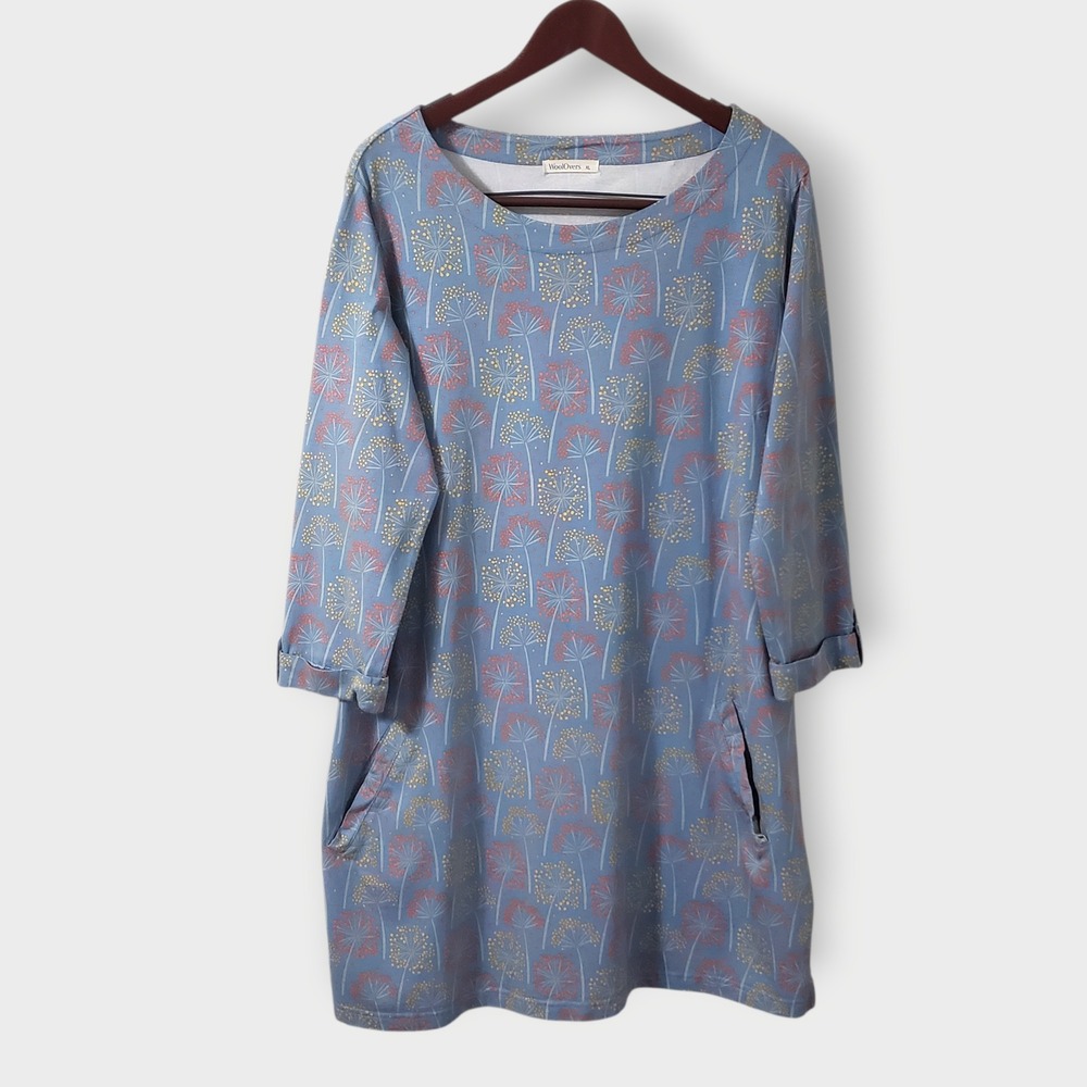 WoolOvers XL Blue Dandelion Print Modal Cotton Tunic Dress 3/4 Sleeve Pockets